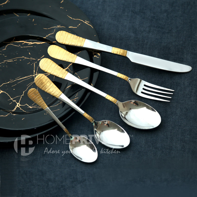 Nora cutlery-Stainless Steel and gold coated 24 pcs set in Stainless Steel stand with wooden base